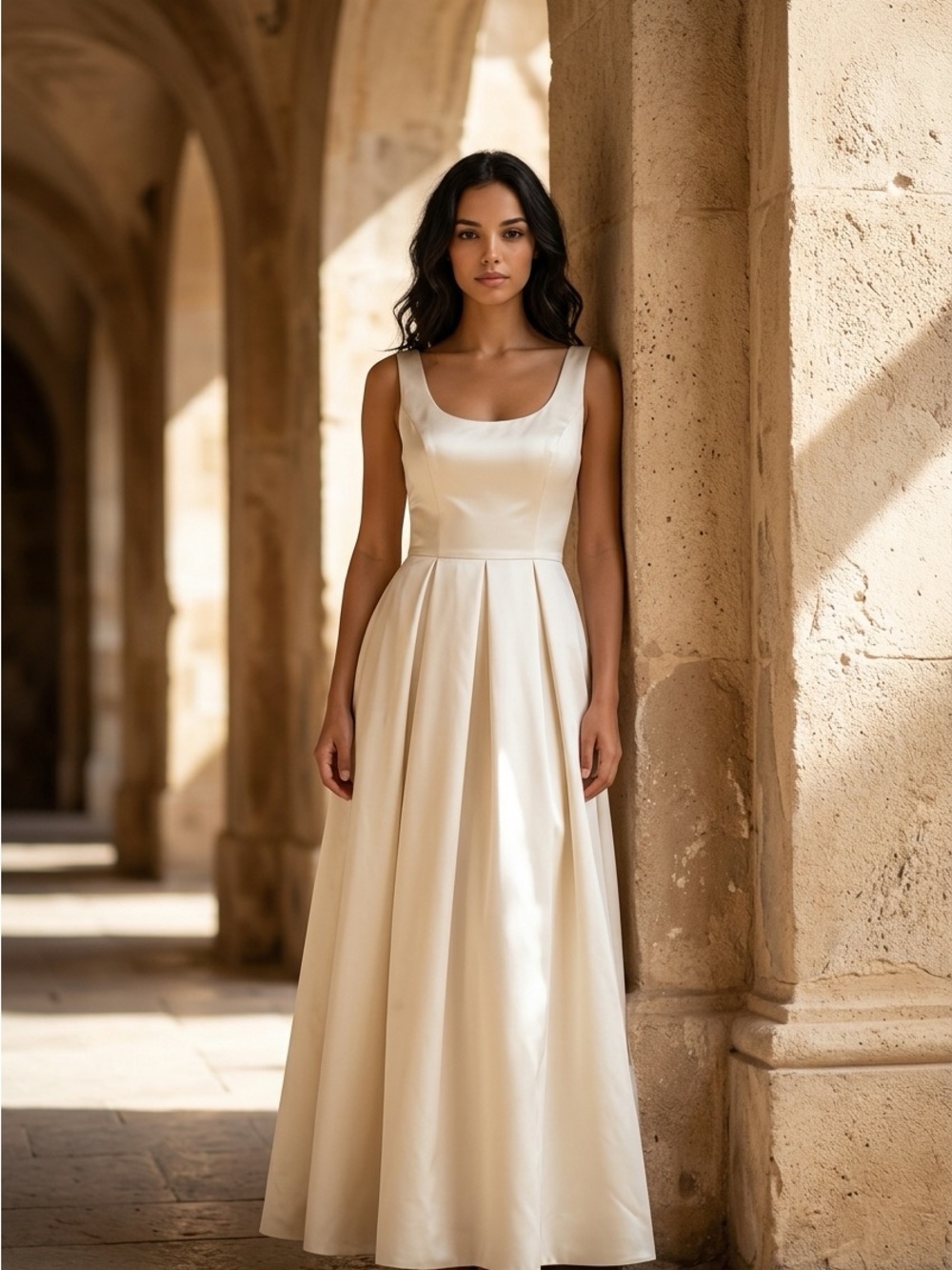 ABS Allen Schwartz Cream Satin Maxi Dress with Scoop Neck/ Prom Dress